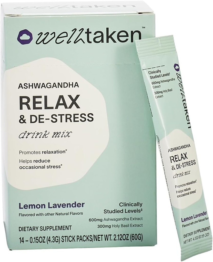 Ashwagandha Relax & De-Stress Powder - Lemon Lavender 14ct Box - 600mg Ashwagandha, 200mg L-Theanin, Heilige Basilikum – Unterstützt Stress, Entspannung – Vegan, kein hinzugefügter Zucker - 14 Servierungen