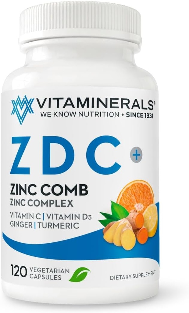Vitaminerals® Z D C, Zink-Komplex 50mg | Vitamin D3 250mcg | Vitamin C 500mg | Ingwer | Lysine | Turmeric | Vegetarische Kapseln| 120 Portionen