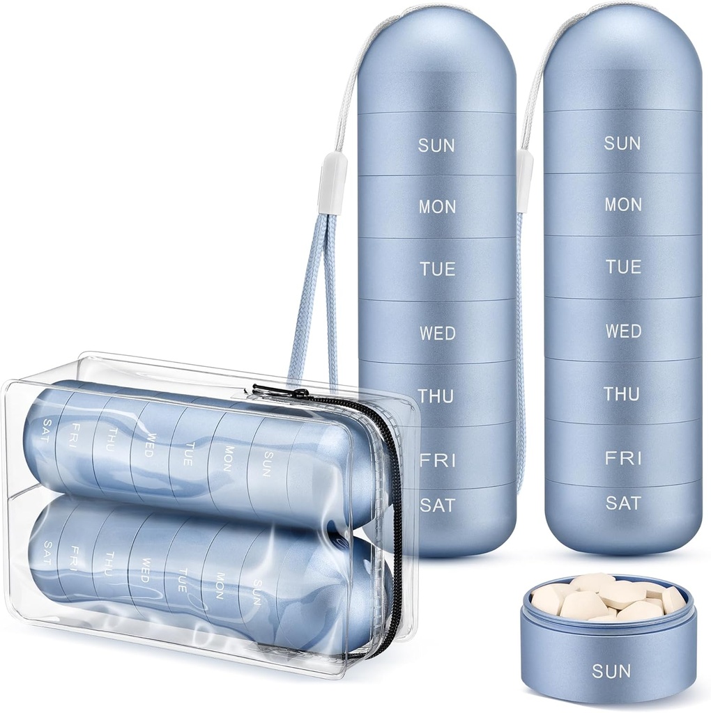 [2 Pack] Zannaki Metal Travel Pill Organizer, Portable Waterproof Weekly Pill Box, grand contenant en alliage d'aluminium, BPA gratuit 7 jours de médecine quotidienne Organisateur de la vitamine, supplément