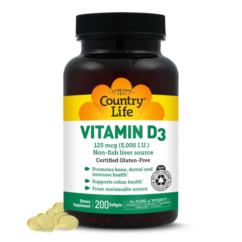 Pays Vie Vitamine D3 5000 UI pour la santé immunitaire et osseuse, l'absorption de calcium et la santé des colonies - Source durable de Lanolin, disponible en différentes forces