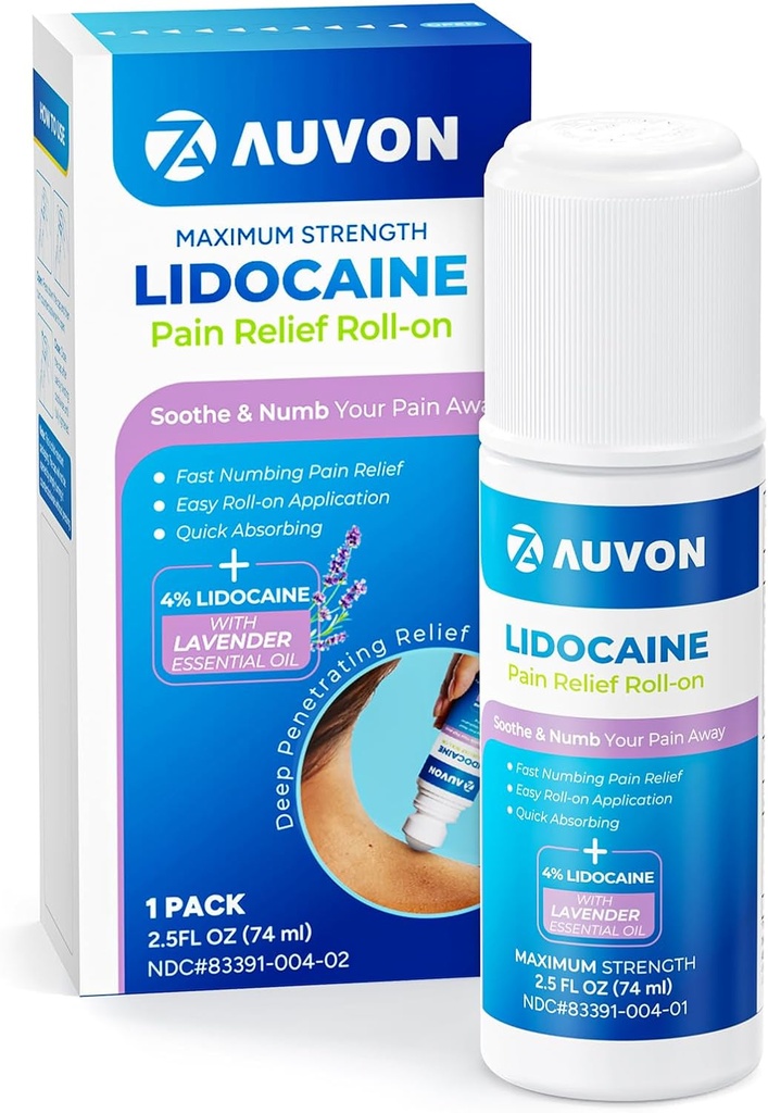 AUVON Lidocaine Roll-On mit ätherischem Öl, kein Mess-Applikator, Max Strength Lidocaine,Quick Absorbieren zu Numb & Soothe Pain Relief für Knie, Schultern, FSA/HSA Eligible, Lavender, 2.5 OZ, 1 Pack