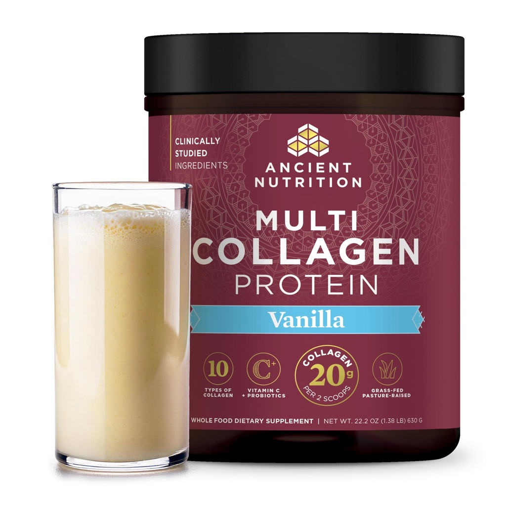 Antike Ernährung Collagen Peptide Pulver, Multi Collagen Protein, Frauen & Männer, Vitamin C, Probiotika, hydrolysiertes Collagen, Unterstützt Haut, Gelenke, Gut Health, Vanille, 60 Servierungen