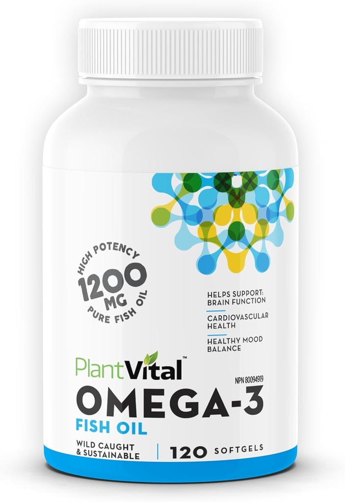 Plantvital Omega 3 Fischöl Kapseln - Pure Norwegian Omega 3 Supplement - Dreifache Stärke - Keine Fisch Geschmack - Molecularly Distilled - Unterstützt kognitive, Gelenk, Auge, Haar und Herzgesundheit - 120 Zähler