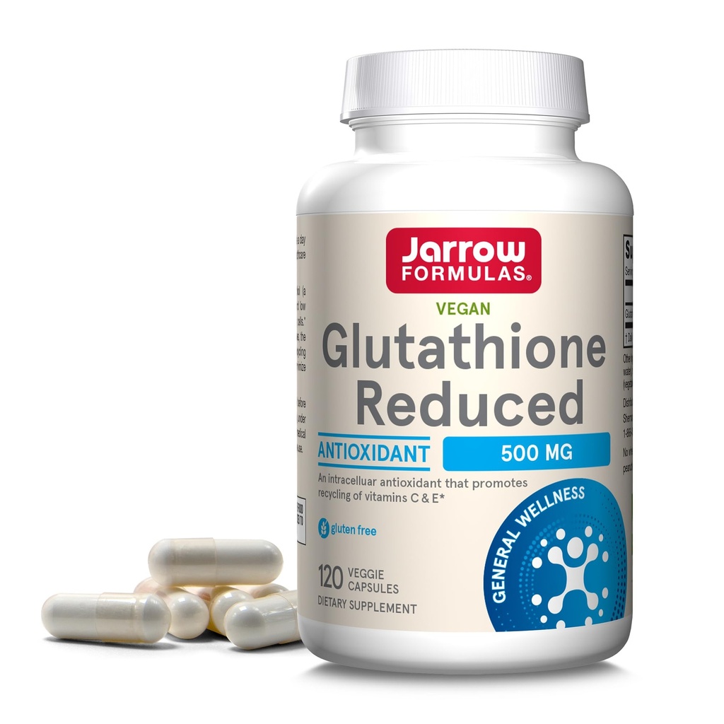 Formules de Jarrow Glutathion réduit 500 mg - 120 capsules de Véggie - Glutathion de qualité pharmaceutique - Antioxydant intracellulaire - Bolsters Régénération des taux de vitamine C et E dans le corps - 120 portions