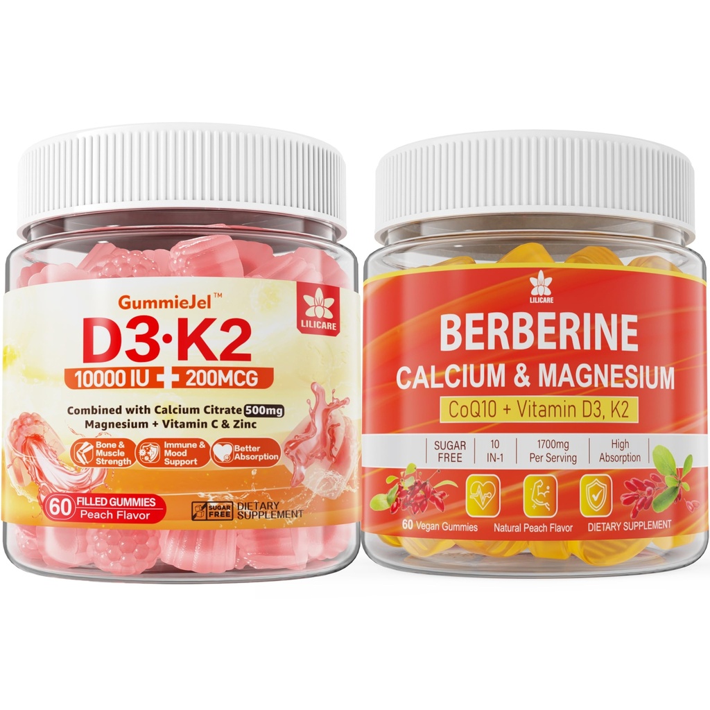 Zuckerfreies Vitamin D3 K2 Gummi mit Calcium, Magnesium Citrat, Vitamin C + Berberin Ergänzungsgummis, mit Liposomaler Berberine & Berberine HCI, Calcium, Magnesium