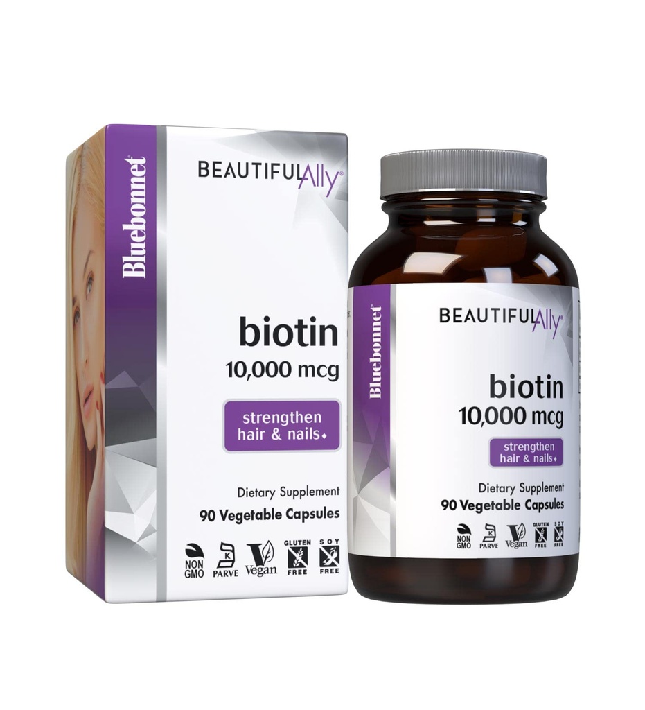 Bluebonnet Nutrition Belle Ally Biotin 10 000 mcg, Renforcer les cheveux et les ongles*, non-OGM, végétalien, kosher certifié, sans gluten, sans soja, 90 capsules végétales, 90 portions