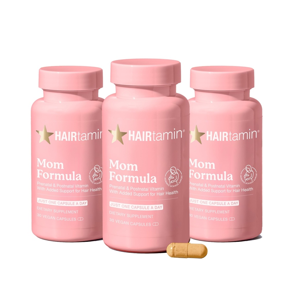 HAIRtamin MOM Vegan Prenatal & Postnatal Multivitamin Kapseln & Haar Vitamine, Postpartum, Stillen, Haarnägel und Haut Vitamine für Frauen mit Biotin, Zink, Eisen (3-Pack)