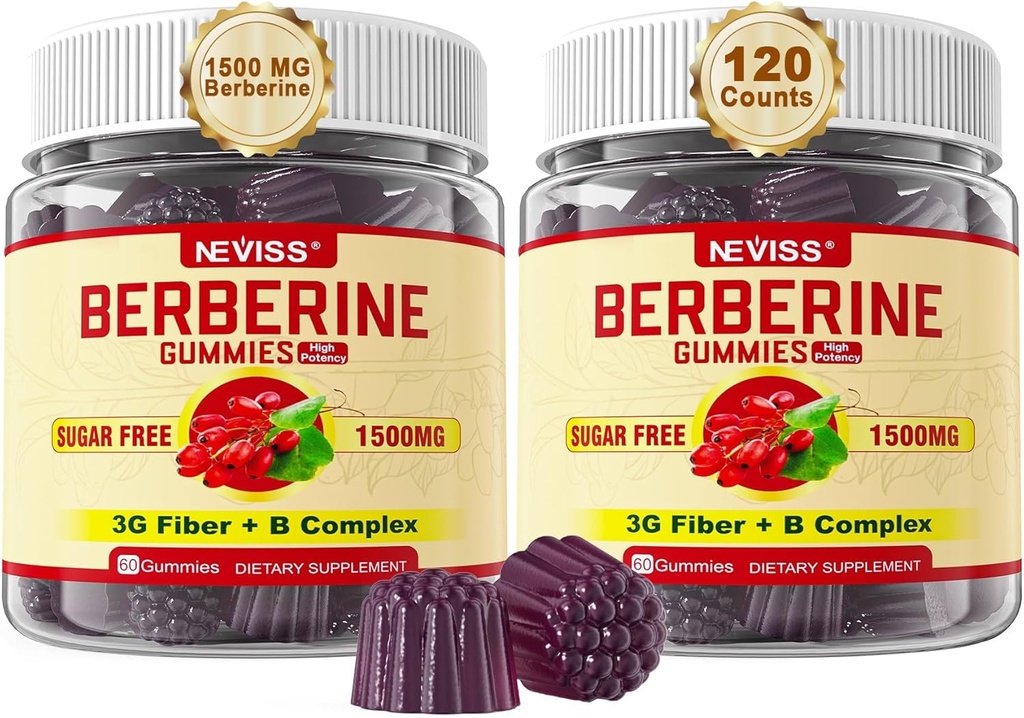 NEVISS Berberine Supplément 1500mg, Activateur AMPK avec Fibre Prébiotique 3G, B1 B3 B6, sans sucre Berberine HCL Gummies pour les femmes et les hommes - Supports système immunitaire, digestif, 2pack 120 Cts