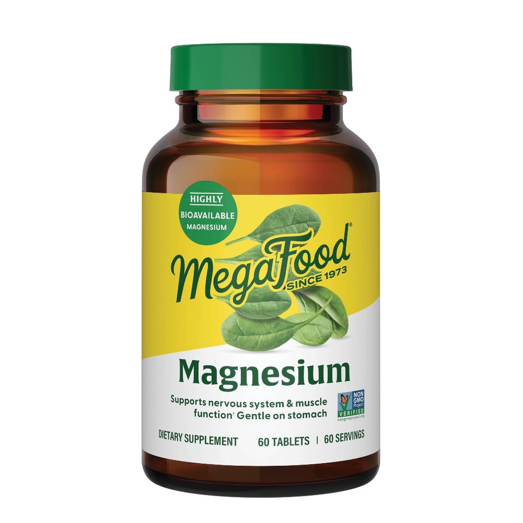 Magnésium MegaFood - Soutiens coeur et système nerveux - Supplément Magnésium avec Magnésium Fermenté Glycinate - Vegan, sans gluten, non-OGM et Kosher - Fabriqué sans 9 Allergènes alimentaires - 60 Tabs
