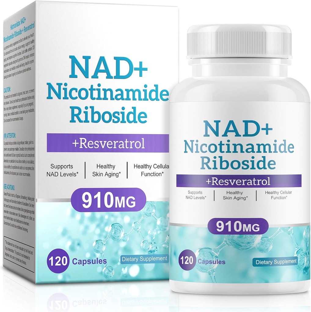 NAD Ergänzung für Männer und Frauen - Liposomal Nicotinamid Riboside, Quercetin, NAD+ Ergänzung mit Resveratrol 910mg - Unterstützt Muskel, Gehirn, Energie, 120 Kapseln