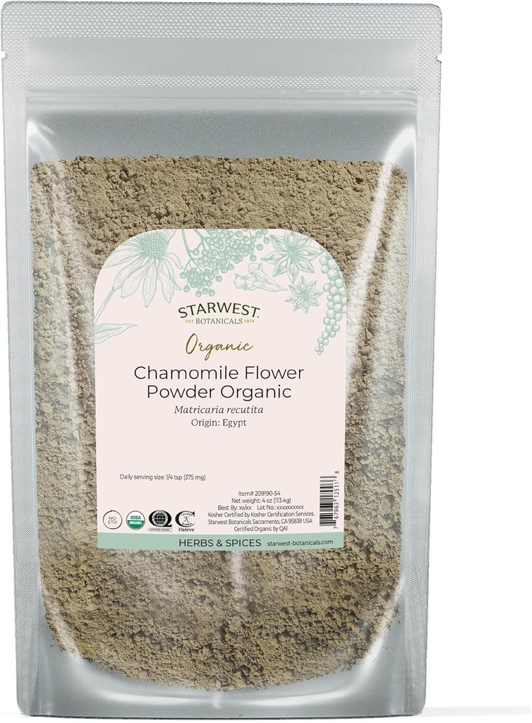 Starwest Botanicals Bio Kamille Blumenpulver - Getrocknete Blatt Kräuter für Tee, Kräuter Lotions, & Bäckerei, aus Ägypten, Zertifizierte Kosher, Non-GMO - 4 oz Pouch