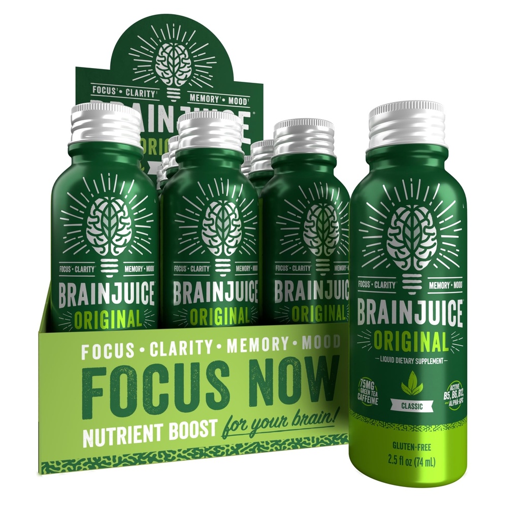 BrainJuice Focus & Energy Drink Shots, Nootropics mit Alpha GPC, B Vitamine & Organic Green Tea Koffein, unterstützt Fokus, Gedächtnis & Klarheit, Non-GMO, Glutenfrei, Classic, 2.5 fl oz, 12 Pack