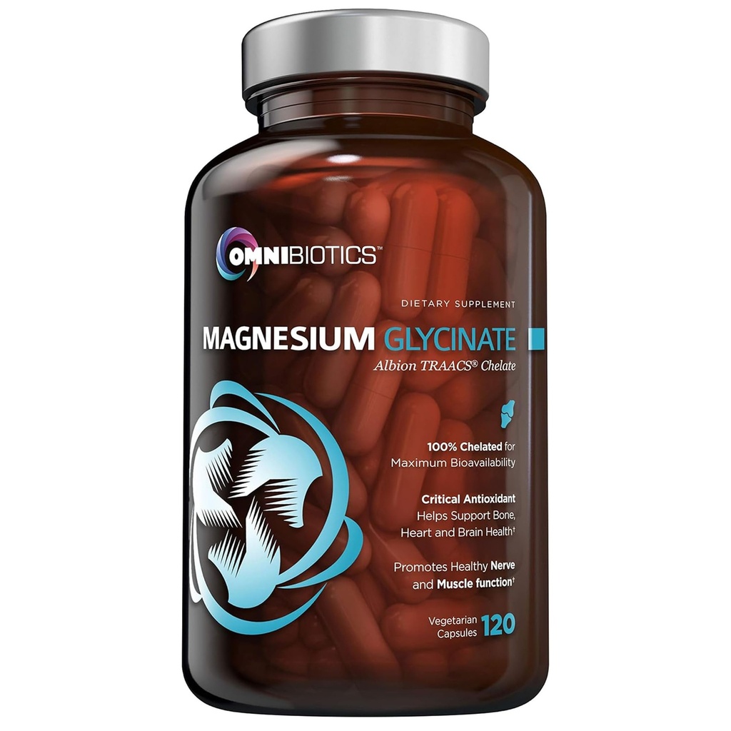 OmniBiotics Magnesium Glycinate Supplement – mit 100% Pure Albion TRAACS Bisglycinat Chelate für Schlaf, Muskel, Nerve & Heart Health – 120 Vegan Capsules