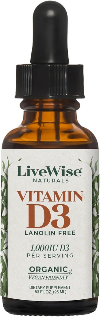 LiveWise Naturals Bio Vitamin D3 Flüssigkeitstropfen, Vegan, Non-GMO, Pflanzenbasiert, 200 IU pro Tropfen, unterstützt Immun-, Knochen- und Mood-Gesundheit, Easy-to-Absorb, in MCT-Öl 1000 IU