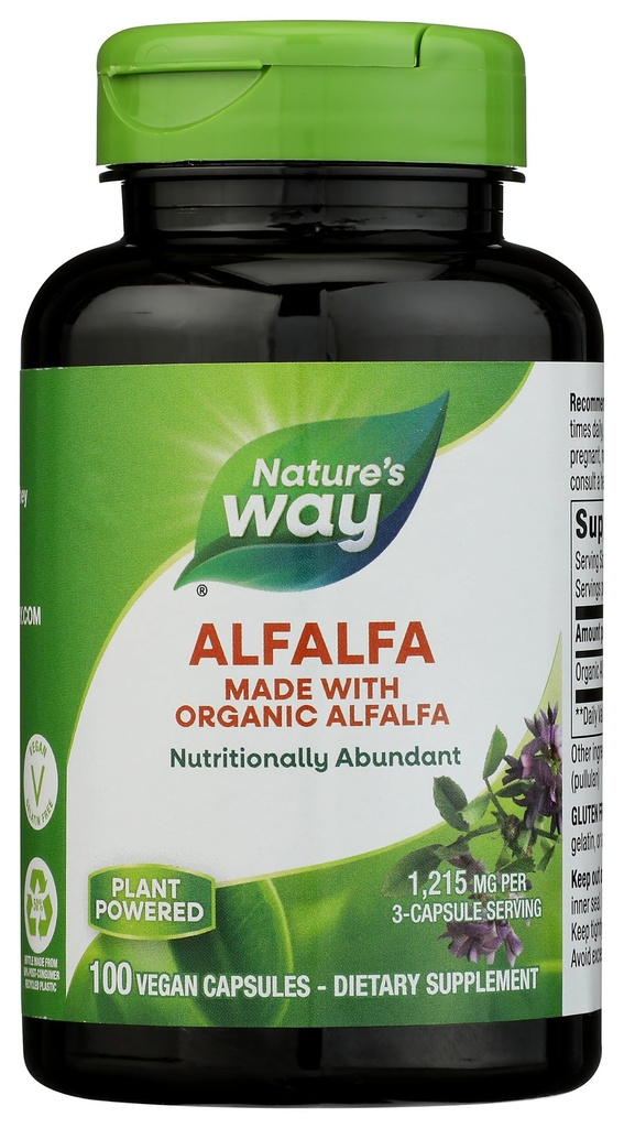 Nature's Way Alfalfa, Hergestellt mit Bio Alfalfa, 1,215 mg pro 3-Kapseln, Alfalfa Kräuterkapsel, Glutenfrei, Vegan, 100 Kapseln (Packaging May Vary)