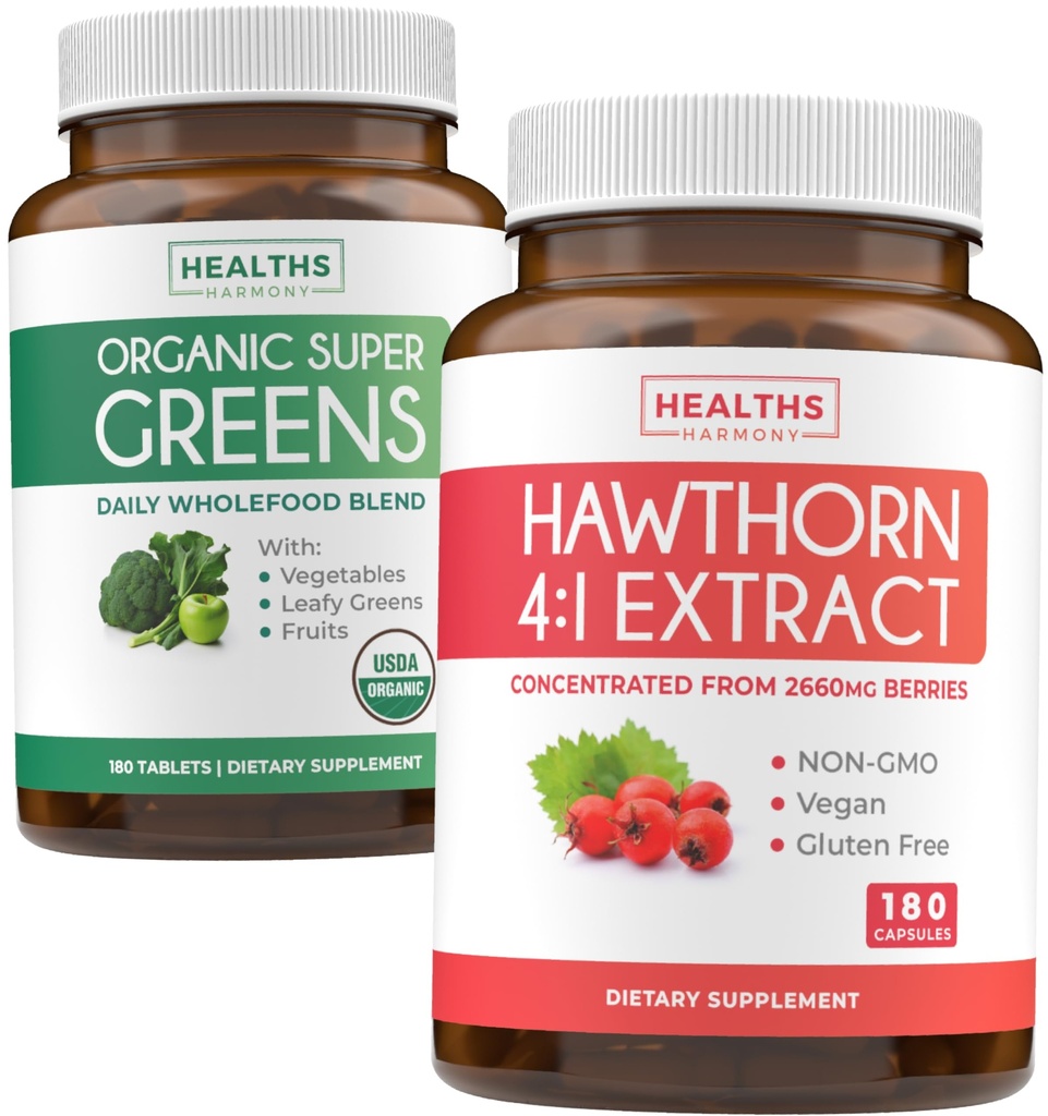 Super Greens & Hawthorn Extrakt (3-Monat-Versorgung) Super Berry Blend Bundle aus Bio Super Greends Pulver - Komplette Superfood & Hawthorn Berry 4:1 Extrakt - High Strength Extract (180 Kapseln)