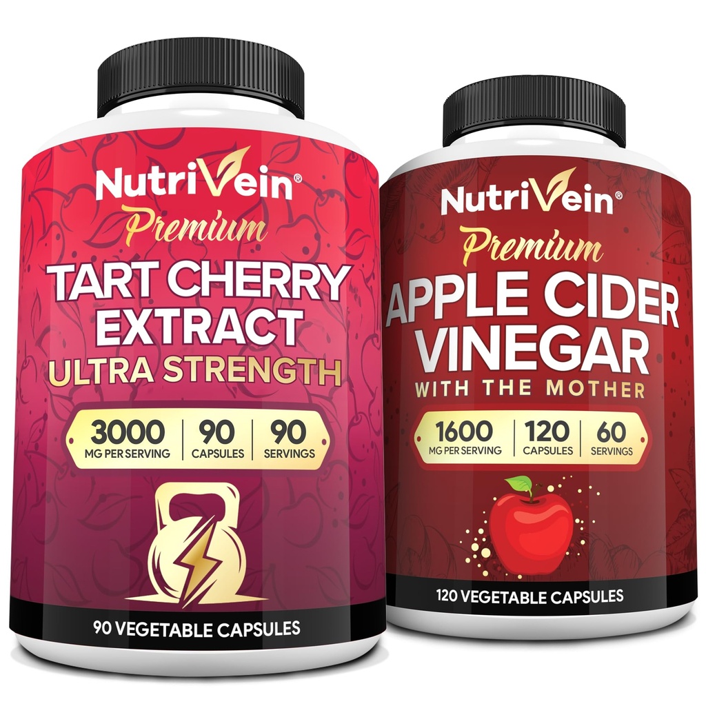 Nutrivein Premium Tart Cherry 500mg & Apple Cider Essig 1600mg Bundle - Muscle Recovery & Uric Acid Cleanse Plus Digestion Support & Weight Management - Non-GMO, Vegan/Vegetarian - 90 + 120 Pillen