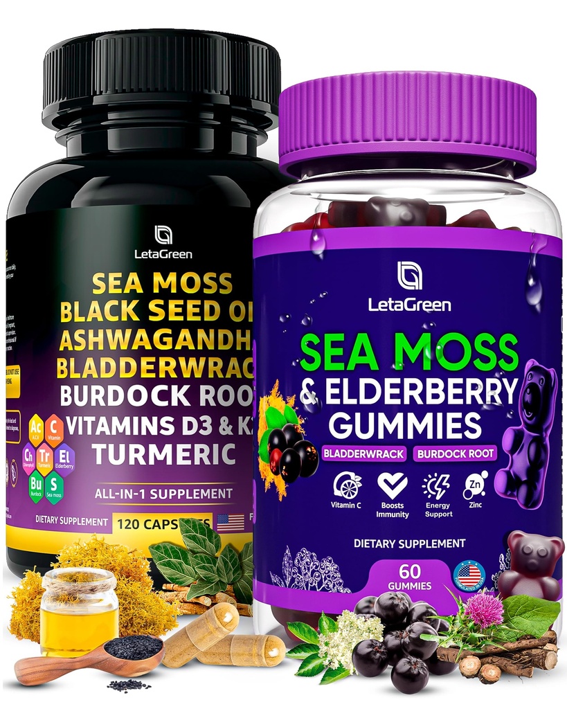 Capsules de mousse de mer + Gummies Bundle, 60 Gummies de mousse de mer d'Irlande + 120 Capsules de mousse de mer sauvage avec vitamines et minéraux