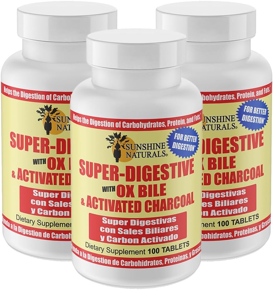 Sunshine Naturals Super Verdauungsergänzung. Ox Bile & Activated Charcoal für Verdauungshilfe, Bloating Relief, Gut Cleanse, Nährstoffaufnahme und Gesamt-Wellness. 100 Tabletten. Pack von 3