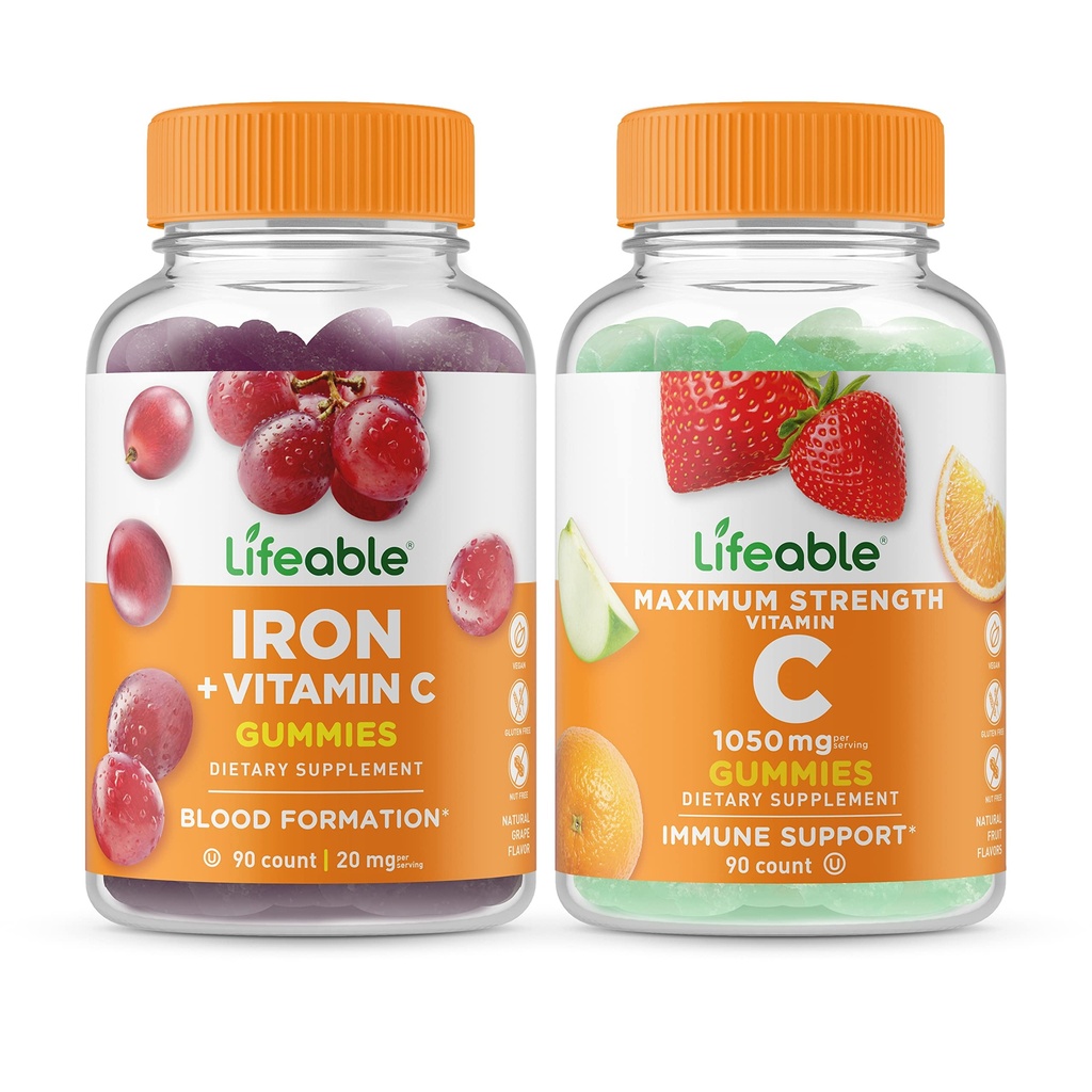 Fer Lifeable avec Vitamine C + Vitamine C 1050mg, Gummies Bundle - Grande dégustation, supplément de vitamine, sans gluten, sans OGM, gummy à croquer