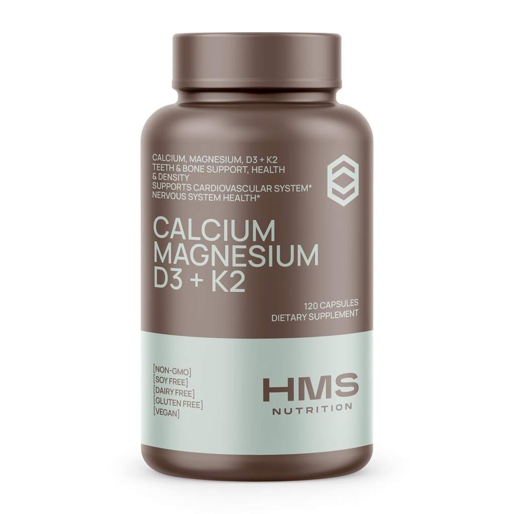 Calcium, Magnésium, Vitamines D3 + K2 pour la santé des os, soutien immunitaire, os et dents Supplément de calcium pour les femmes et les hommes, non-OGM, sans gluten, 120 capsules
