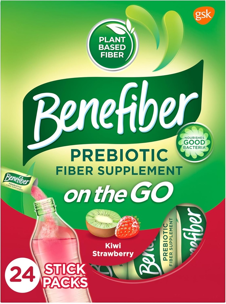 Poudre de poudre de fibre prébiotique pour la santé digestive, poudre de fibre quotidienne, boîtes de poudre de parfum de fraise Kiwi - 24 bâtons (5.28 Ounces)