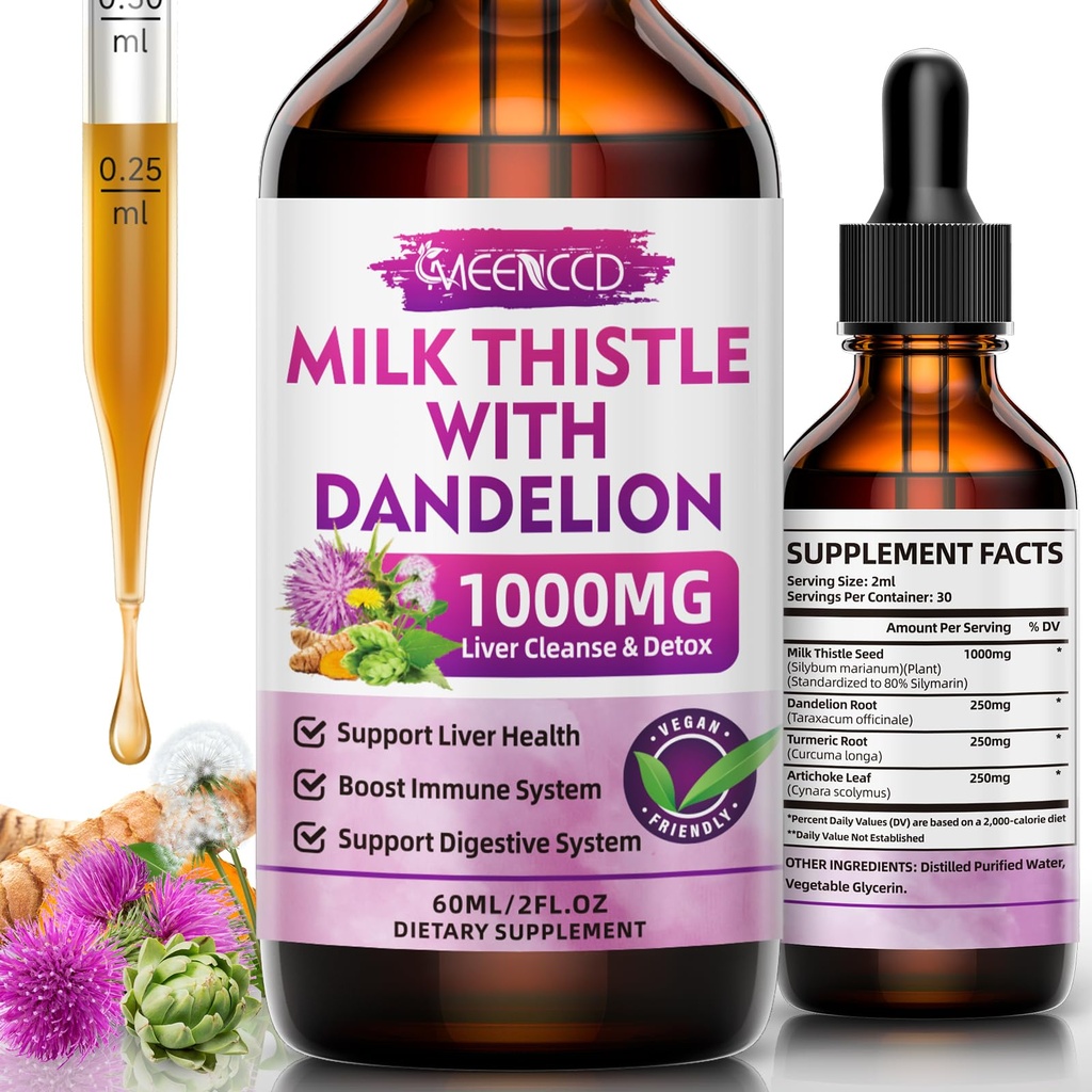 MEENCCD gouttes liquides de chardon de lait - supplément de chardon de lait avec silymarin, support antioxydant, végétalien, non-OGM, 2 Fl Oz