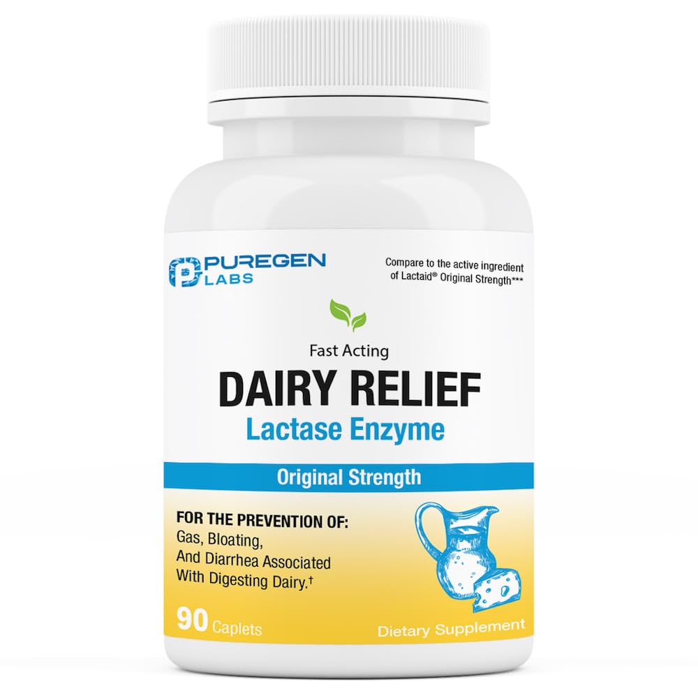 Puregen Labs Dairy Relief Natural Fast Acting Lactase Enzyme 3000 FCC, Lactose Intolérance Pills 90 Caplets