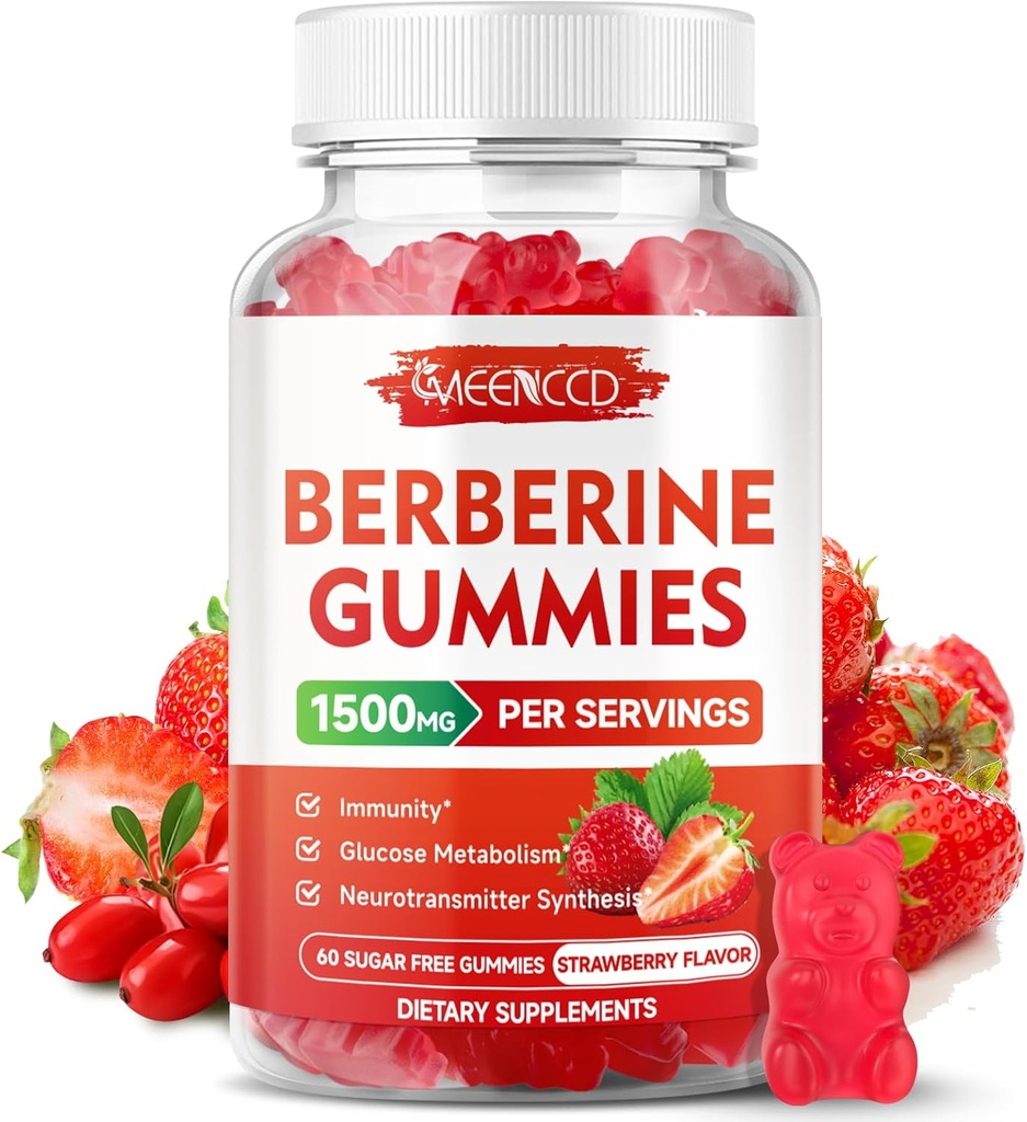 Berberine Gummis mit Ceylon Cinnamon 1500mg Hohe Potenz Berberine HCL-Ergänzung für Immununterstützung, Sugar Free, Vegan, Erdbeeren Geschmack, 60 Graf