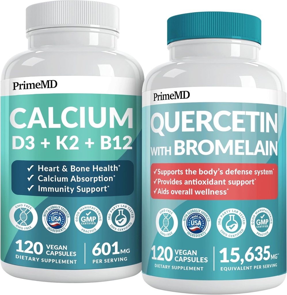 PrimeMD 4-in-1 Calcium Supplements for Women & Men or Heart, Bone & Body Defenses (120 ct) & 28-in-1 Quercetin with Bromelain Supplement - Quercetin 500mg Capsules for Immune Defense Support (120 ct)