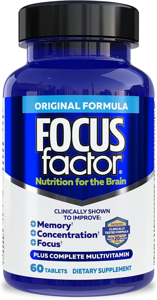 Focus Factor Nutrition for The Brain, Improved Memory & Concentration Brain Supplement, Complete Multivitamin with Vitamins B6, B12, D, Bacopa Monnieri & Tyrosine, 60 Count