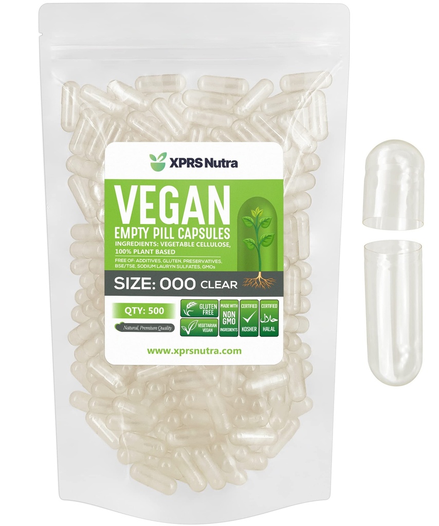 XPRS Nutra Vegan Size 000 Empty Capsules - 500 Count Clear Empty Vegan Vegetarian Empty Pill Capsules - DIY Vegetable Capsule Filling - Veggie Caps Pills