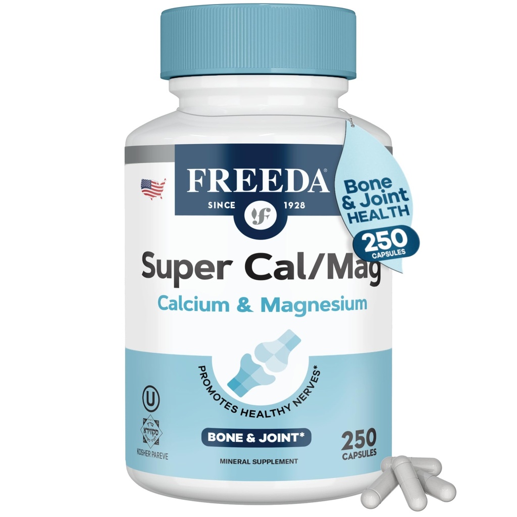 Freeda Super Cal/Mag – Supplément santé osseux végane kasher – Soutient la force osseuse, la fonction nerveuse et la relaxation musculaire – Capsules de magnésium de calcium végétarien – Testé en troisième partie – 250 Capsules