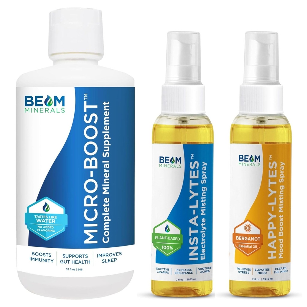 Boom Minerals Micro-Boost Humic Mineral Blend et Insta-Lytes Natural Liquid Electrolytes 2oz et Happy-Lytes Fluvic Electrolyte Misting Spray 2oz