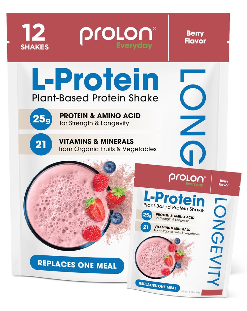 Prolon Longevity Plant Based Protein Powder | Muskelsynthese & Reparatur, Gesunde Alterung, Boost Performance | Vitamine, Glutenfrei, Aminosäuren, Antioxidantien | 25g Protein | Berry, 12 Packungen