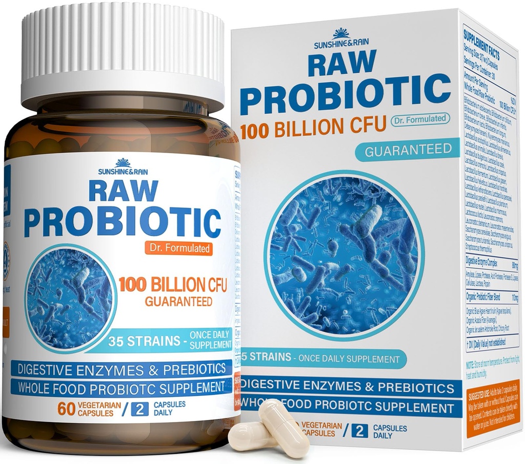 Probiotiques crus pour les femmes et les hommes - 100 milliards CFU, 35 souches, prébiotiques organiques et enzymes digestives naturelles pour la santé digestive, gustative et immunitaire - sans lait, sans soja et sans gluten, sans OGM, 60 capsules véganes