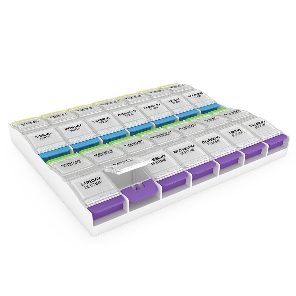EZY DOSE Hebdomadaire (7 jours) Organisateur de pilules, contenant de vitamine et planificateur de médicaments quotidiens, compartiments de bouton-poussoir 2X-Large, arthrite facile à utiliser, 4 fois par jour, lys clairs, sans BPA