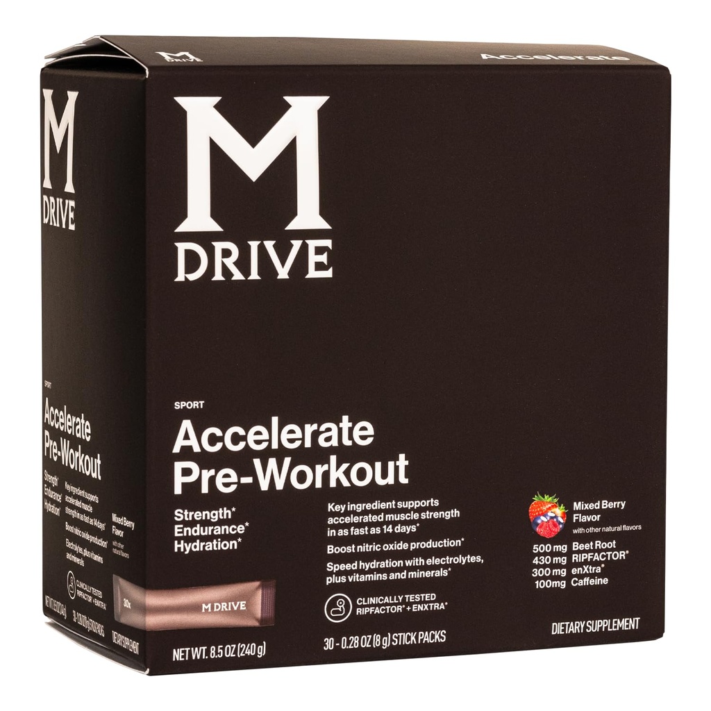 Mdrive Accélérer la poudre de pré-entraînement, Packs de service unique, Berry mixte, 30 comtes (Stimulant, Berry mixte)