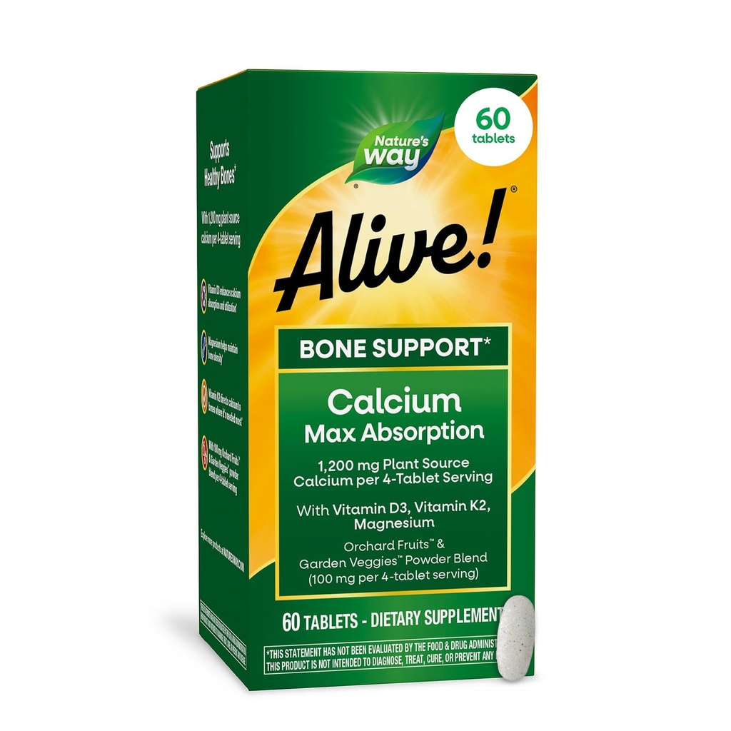 Nature's Way Alive! Calcium Max Absorption, Pflanzenquelle Calcium, Vitamin D3 & K2, Magnesium, Knochenunterstützung*, 60 Tabletten (Packaging May Vary)