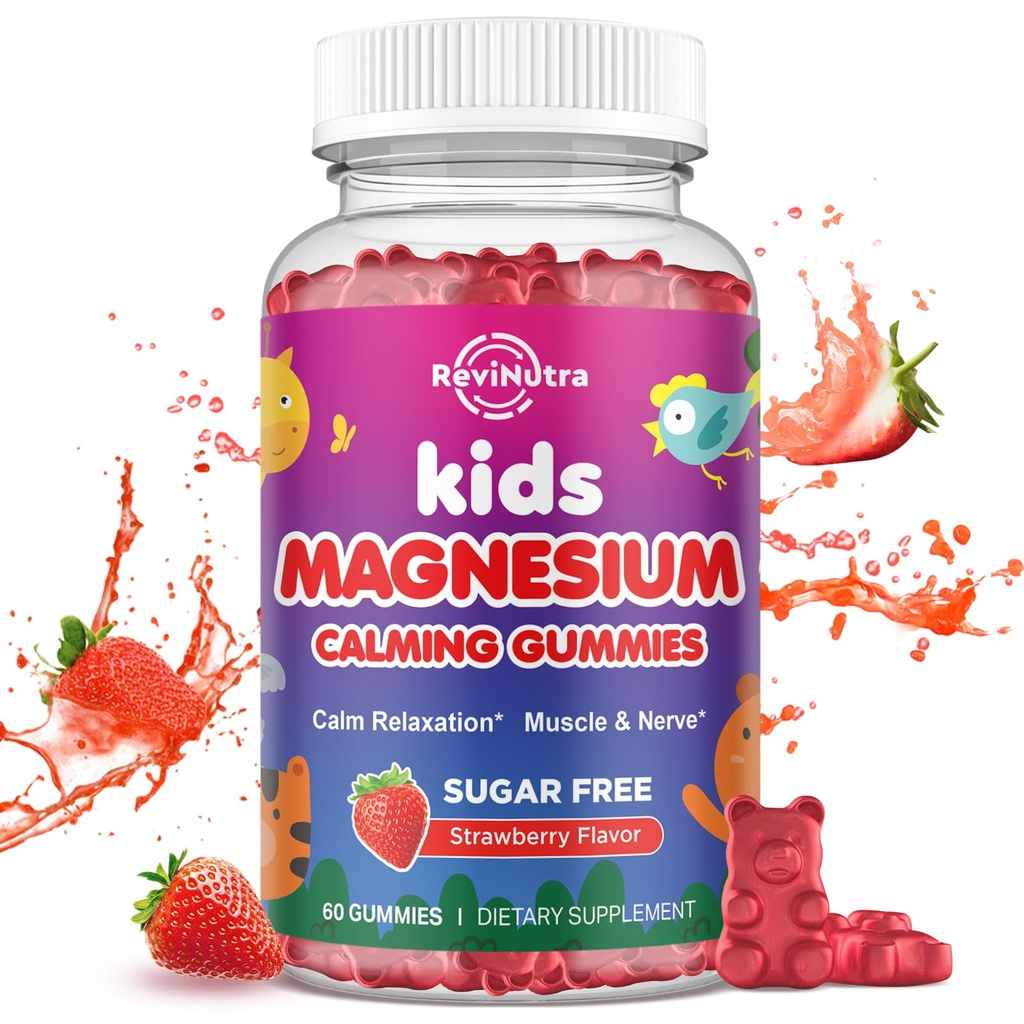 Gommies de magnésium pour enfants - Glycinate de magnésium avec L-Theanine, Camomille, vitamine B6, D pour les enfants et les adultes dorment, stress, soulagement musculaire et os de nervosité - Fraise sans sucre 60ct
