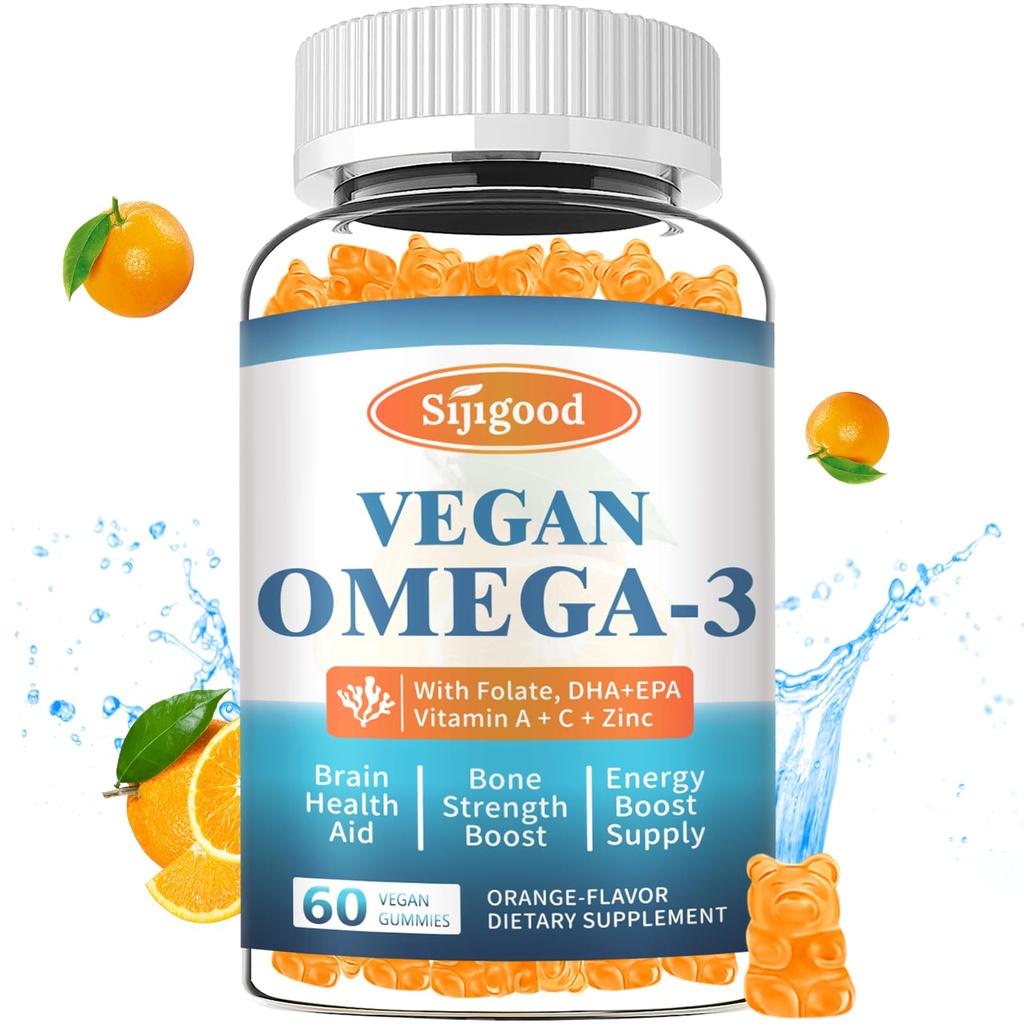 Omega-3 Gummie Potent Algae Omega Quelle, Boost Brain, Augen- und Immunfunktion, mit DHA und EPA Vegan & Sugar Free, Orange Flavor, 60 Count