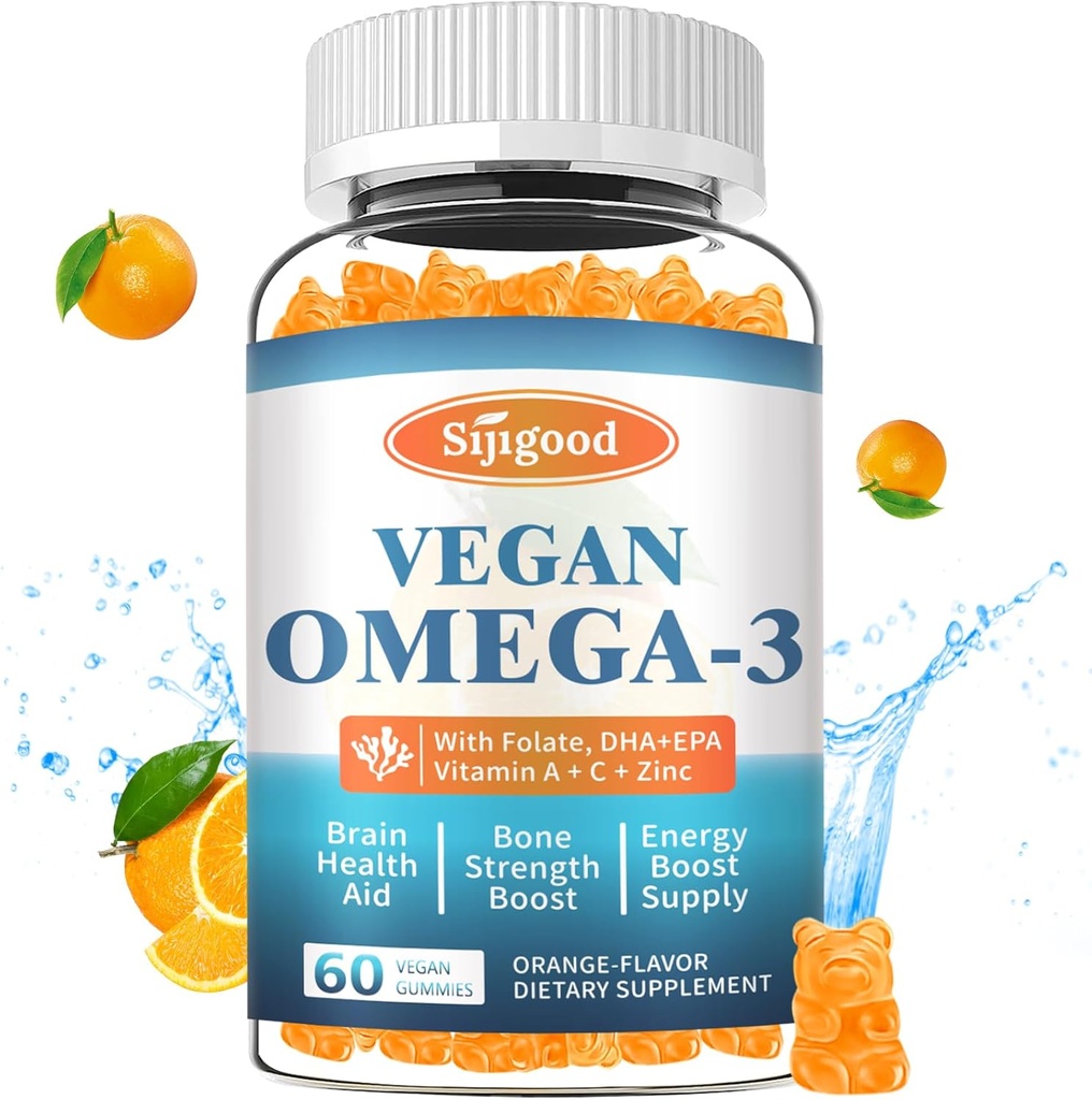 Omega-3 Gummie Potent Algae Omega Quelle, Boost Brain, Augen- und Immunfunktion, mit DHA und EPA Vegan & Sugar Free, Orange Flavor, 60 Count
