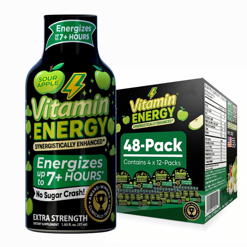 Vitamin Energy Workout+ Extra Strength Energy Shot Sour Apple 48 Pack, 260mg Natural Caffeine, Pre-Workout, B-Vitamine, Mineralstoffe, Endurance & Performance, Zero Sugar, Gluten-Free, Vegan, 1,93 fl oz
