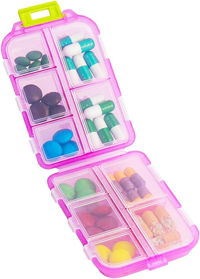 Travel Pill Organizer, Moisture Proof Daily Medicine Dispenser Box, Small Weekly Vitamin Case for Supplement, Fish Oil, Meds, Pocket Pharmacy Cute Capsule Container 10 Comparts, Pink