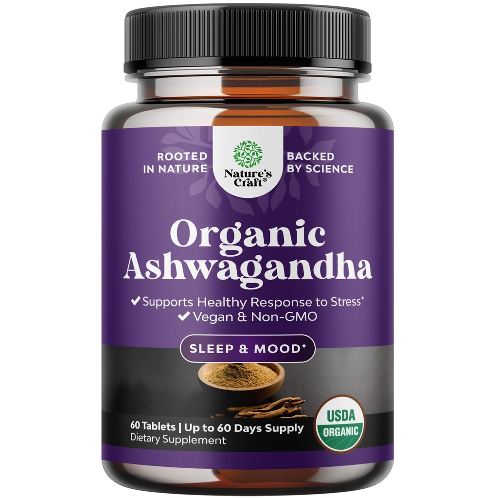 Suppléments bio Ashwagandha haute résistance - Comprimés bio Ashwagandha pour le soutien de l'humeur et l'équilibre hormonal pour les femmes et les hommes - Poudre d'extrait de racine avec poivre noir pour une meilleure absorption - 60 Ct