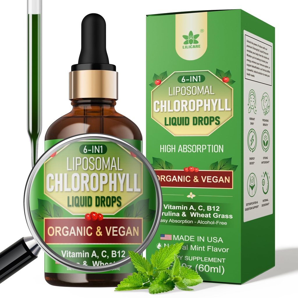 Chlorophylle organique Liposomique pour les femmes et les hommes, 6-en-1 Verts Superfood Chlorophylle végétalienne avec/Spiruline, Grasse de blé, Vitamine C B12 A pour Déodorant interne*, Énergie,Digestive,1Packs/2 Fl Oz