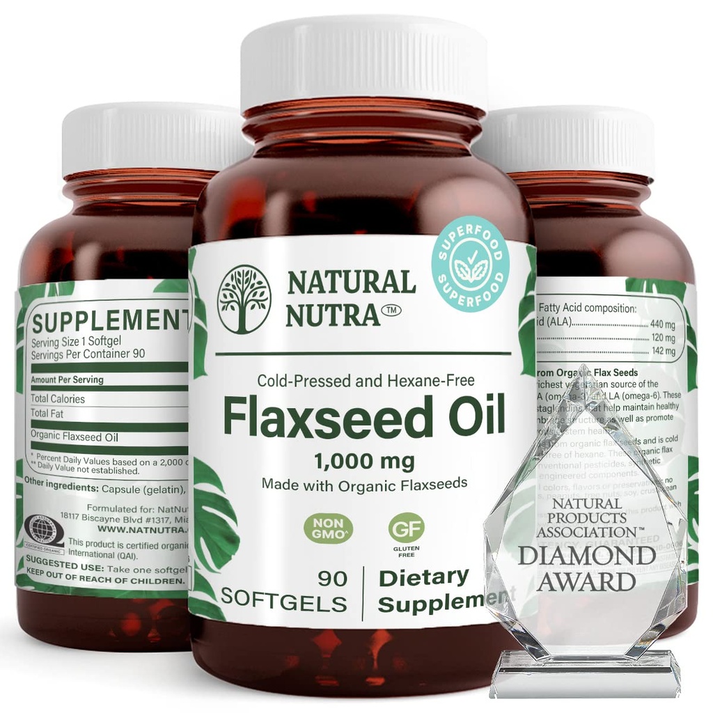 Huile de lin naturel Nutra biologique softgels, favorise la croissance des cheveux, aide à la perte de poids, aide à stimuler le système immunitaire, favorise le système nerveux sain et la croissance des cheveux, Oméga 3 6 9, 1000 mg, 90 Softgels
