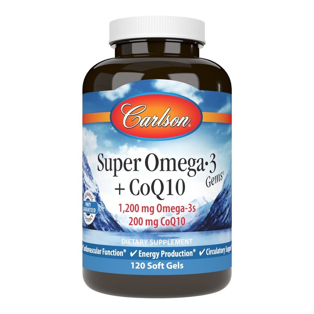 Carlson - Super Omega-3 Gems + CoQ10, 1200 mg Omega-3s 200 mg CoQ10, fonction de circulation, production d'énergie et support circulatoire, 120 Softgels