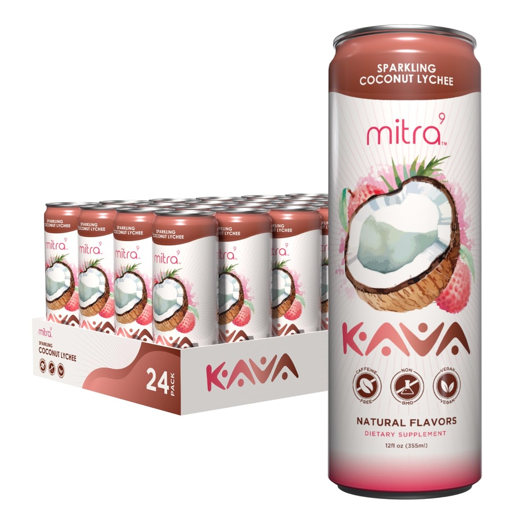 MITRA-9 Botanische Getränke - Kokosnuss Lychee Sparkling Kava Getränk mit Kava Wurzelextrakt - Mood Enhancer - Pflanzenbasiert - Fördert natürliche Kalk & Klarheit (12 Fl. Oz) (24)