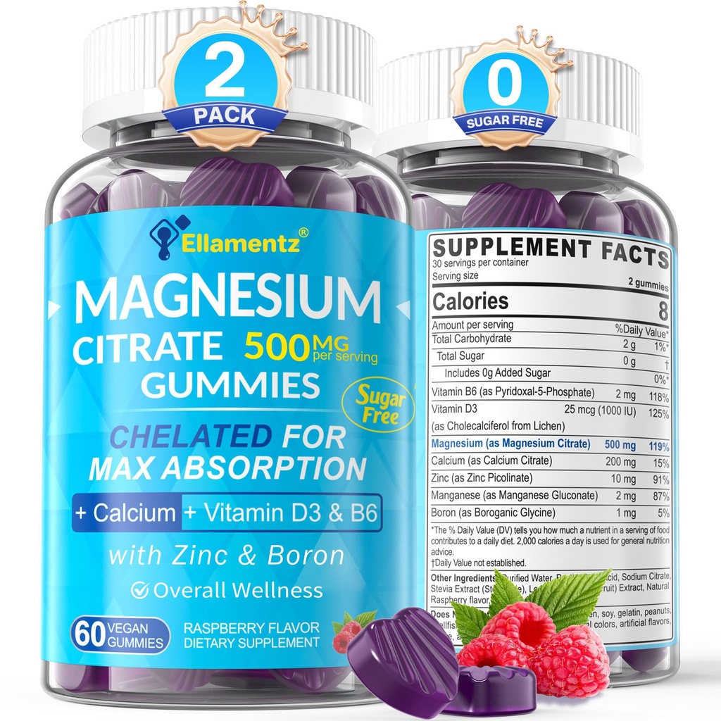 Magnésium Citrate Gommies 500mg pour les femmes hommes Sans sucre, Magnésium Citrate pour Constipation.